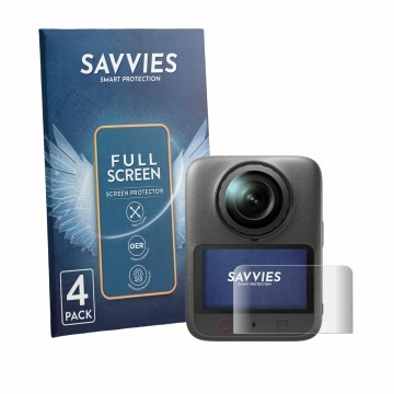 Vorderseite einer Produktverpackung mit dem Markenlogo Savvies. Daneben ist das Gerät DJI Osmo 360 II mit dem zugehörigen Disp