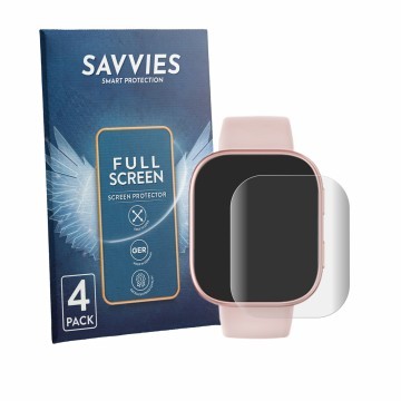 Vorderseite einer Produktverpackung mit dem Markenlogo Savvies. Daneben ist das Gerät Mingtawn Smartwatch 1.83