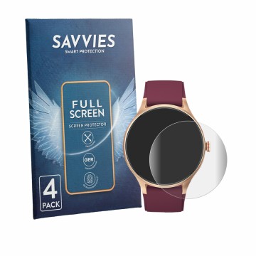 Vorderseite einer Produktverpackung mit dem Markenlogo Savvies. Daneben ist das Gerät Fitpolo Smartwatch 1.57