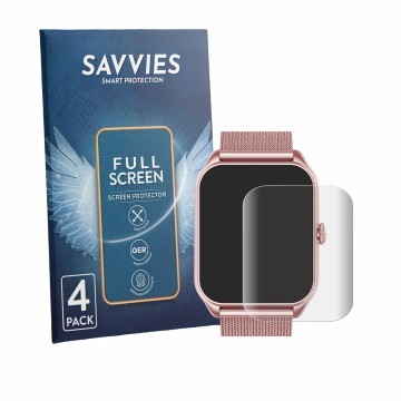 Vorderseite einer Produktverpackung mit dem Markenlogo Savvies. Daneben ist das Gerät taopodo Smartwatch 1.83