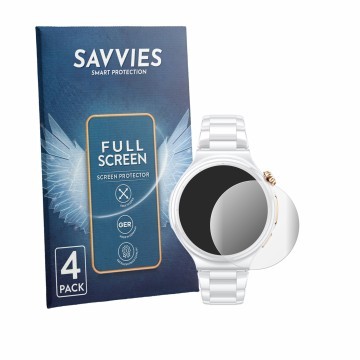 Front side of a product packaging with the brand logo Savvies. Next to it is the device Huawei Watch 6 Pro 43 mm shown with th