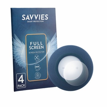 Face avant d’un emballage produit avec le logo de la marque Savvies. À côté, l’appareil Apple HomePod mini 2 est représenté av