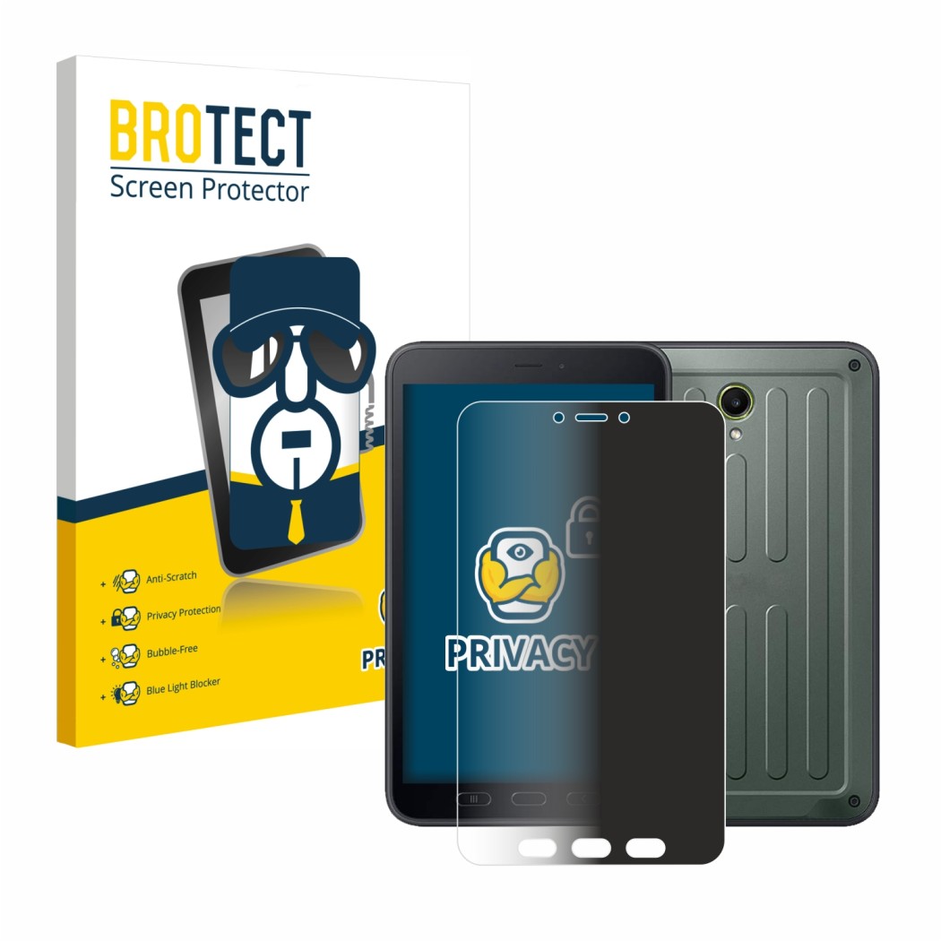 Front side of a product packaging with the brand logo BROTECT. Next to it is the device Samsung Galaxy Tab Active 5 (portrait)