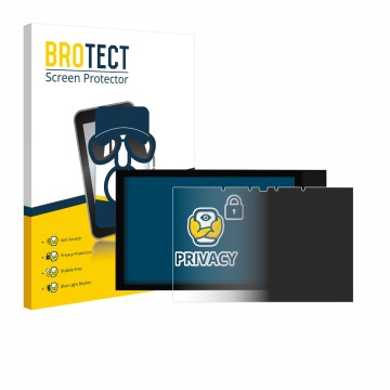 Front side of a product packaging with the brand logo BROTECT. Next to it is the device Shelly Wall Display XL shown with the 