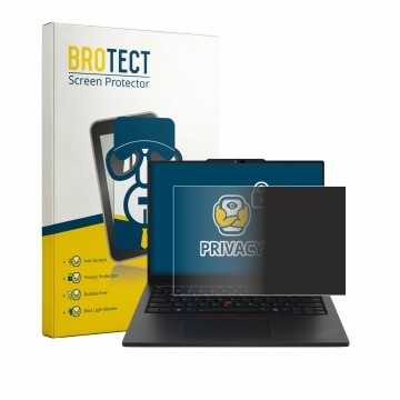 Parte frontal de un envase de producto con el logotipo de la marca BROTECT. Al lado se muestra el dispositivo Lenovo ThinkPad 