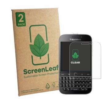 Face avant d’un emballage produit avec le logo de la marque ScreenLeaf. À côté, l’appareil Blackberry Classic Q20 est représen