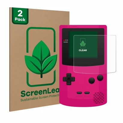 Front side of a product packaging with the brand logo ScreenLeaf. Next to it is the device Nintendo Gameboy Color shown with t