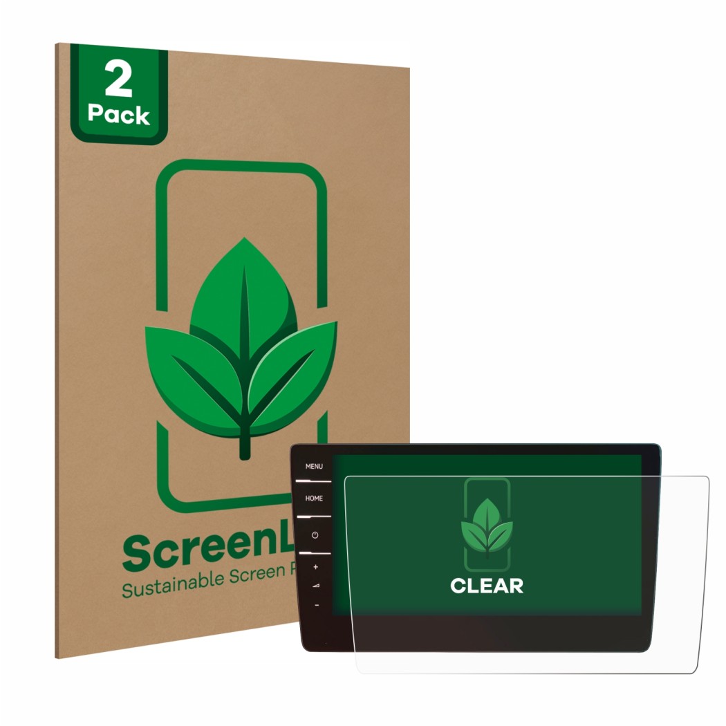 Front side of a product packaging with the brand logo ScreenLeaf. Next to it is the device Volkswagen Golf 7 Discover Pro 9.2