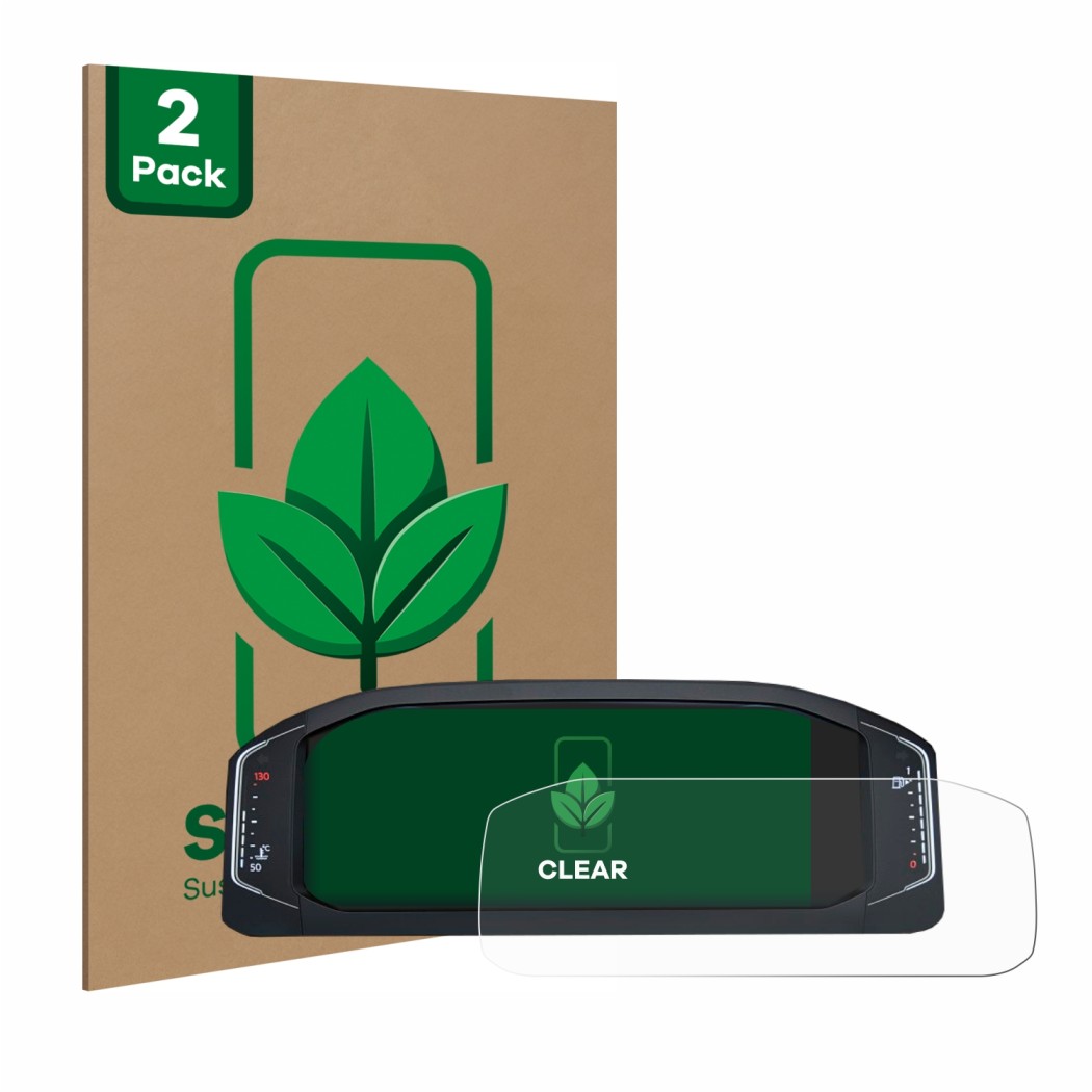Front side of a product packaging with the brand logo ScreenLeaf. Next to it is the device Volkswagen Active Info Display T-Ro