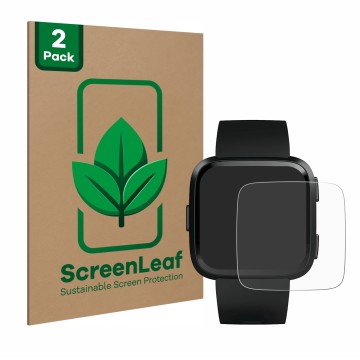 Vorderseite einer Produktverpackung mit dem Markenlogo ScreenLeaf. Daneben ist das Gerät Fitbit Versa mit dem zugehörigen Disp