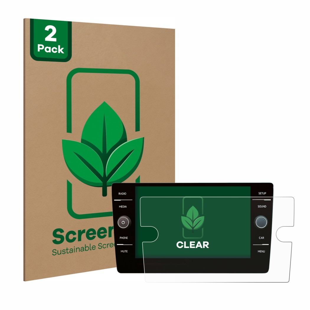 Front side of a product packaging with the brand logo ScreenLeaf. Next to it is the device Volkswagen Golf 7 2019 Discover Med