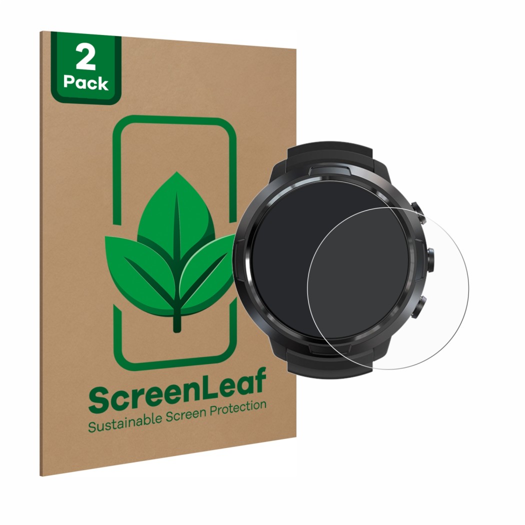 Vorderseite einer Produktverpackung mit dem Markenlogo ScreenLeaf. Daneben ist das Gerät Suunto D5 mit dem zugehörigen Display