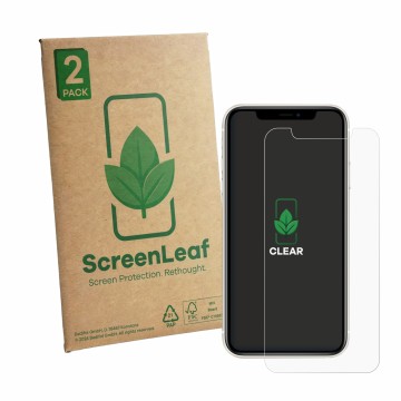 Vorderseite einer Produktverpackung mit dem Markenlogo ScreenLeaf. Daneben ist das Gerät Apple iPhone 11 mit dem zugehörigen D