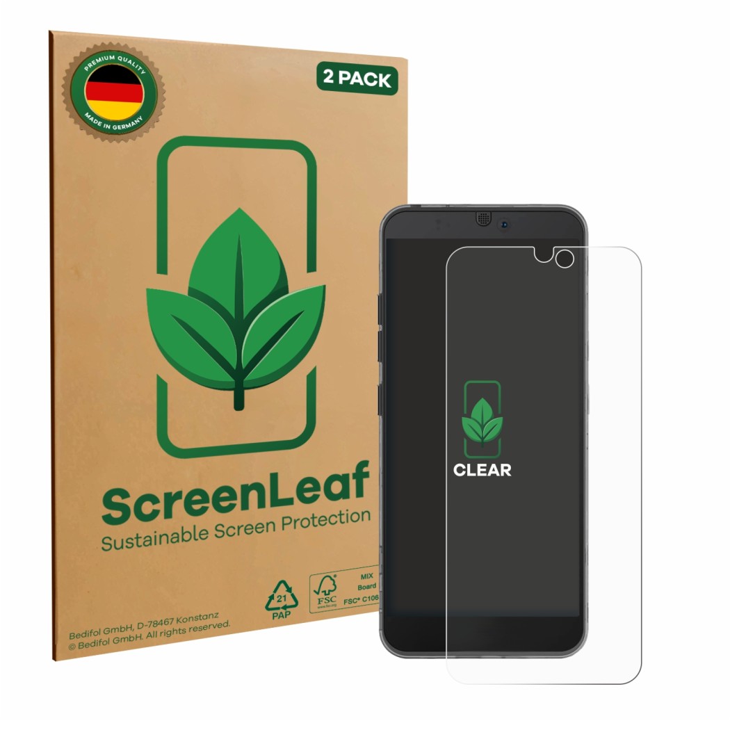 Front side of a product packaging with the brand logo ScreenLeaf. Next to it is the device Fairphone 3 shown with the correspo