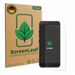 Vorderseite einer Produktverpackung mit dem Markenlogo ScreenLeaf. Daneben ist das Gerät Fairphone 3 mit dem zugehörigen Displ