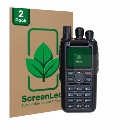Front side of a product packaging with the brand logo ScreenLeaf. Next to it is the device AnyTone AT-D878UV Plus shown with t
