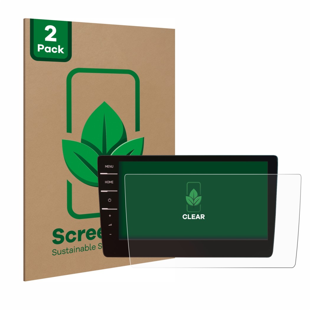 Front side of a product packaging with the brand logo ScreenLeaf. Next to it is the device Volkswagen Passat 2019 Discover Pro
