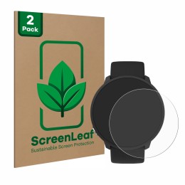 Parte frontal de un envase de producto con el logotipo de la marca ScreenLeaf. Al lado se muestra el dispositivo Polar Unite c