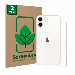 Front side of a product packaging with the brand logo ScreenLeaf. Next to it is the device Apple iPhone 12 mini (Back) shown w