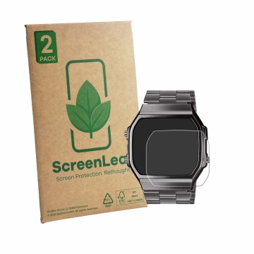 Parte frontal de un envase de producto con el logotipo de la marca ScreenLeaf. Al lado se muestra el dispositivo Casio A168WEG