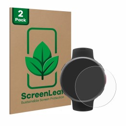 Parte frontal de un envase de producto con el logotipo de la marca ScreenLeaf. Al lado se muestra el dispositivo Polar Vantage