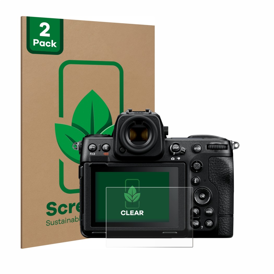 Front side of a product packaging with the brand logo ScreenLeaf. Next to it is the device Nikon Z 8 shown with the correspond