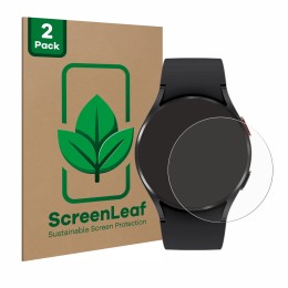Parte frontal de un envase de producto con el logotipo de la marca ScreenLeaf. Al lado se muestra el dispositivo Samsung Galax