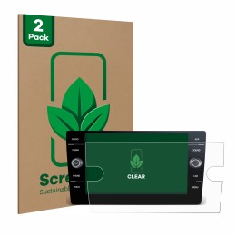 Front side of a product packaging with the brand logo ScreenLeaf. Next to it is the device Volkswagen T6 2021 Discover Media 8