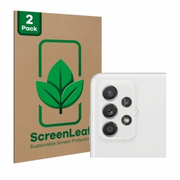 Parte frontal de un envase de producto con el logotipo de la marca ScreenLeaf. Al lado se muestra el dispositivo Samsung Galax