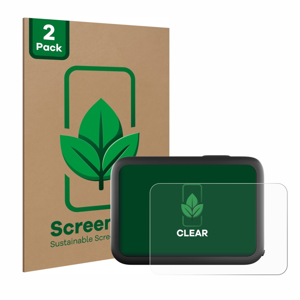 Parte frontal de un envase de producto con el logotipo de la marca ScreenLeaf. Al lado se muestra el dispositivo GoPro Hero 10