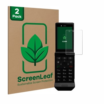 Vorderseite einer Produktverpackung mit dem Markenlogo ScreenLeaf. Daneben ist das Gerät Caterpillar Cat S22 Flip mit dem zuge