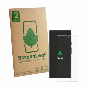 Front side of a product packaging with the brand logo ScreenLeaf. Next to it is the device Google Pixel 6a shown with the corr