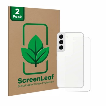 Front side of a product packaging with the brand logo ScreenLeaf. Next to it is the device Samsung Galaxy S22 5G (Back) shown 