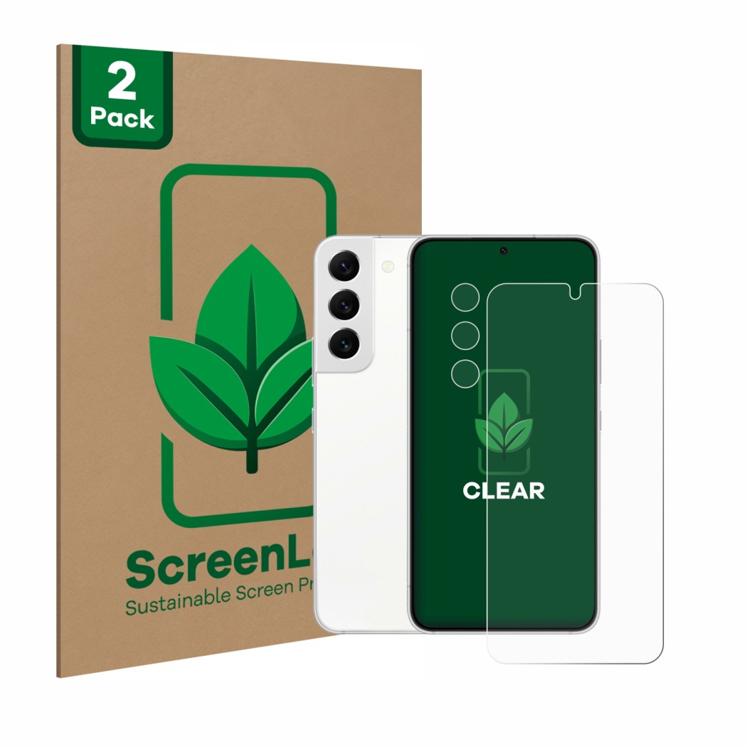 Vorderseite einer Produktverpackung mit dem Markenlogo ScreenLeaf. Daneben ist das Gerät Samsung Galaxy S22 5G (Display+Kamera
