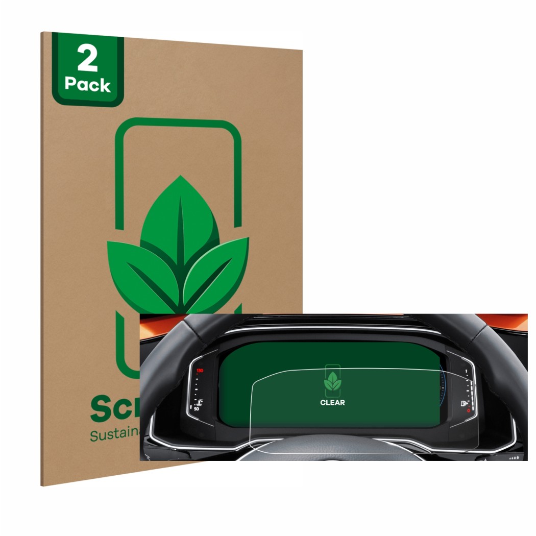 Vorderseite einer Produktverpackung mit dem Markenlogo ScreenLeaf. Daneben ist das Gerät Volkswagen Polo 6 Digital Cockpit Pro