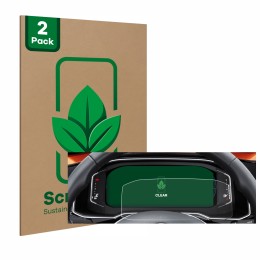 Front side of a product packaging with the brand logo ScreenLeaf. Next to it is the device Volkswagen Polo 6 Digital Cockpit P