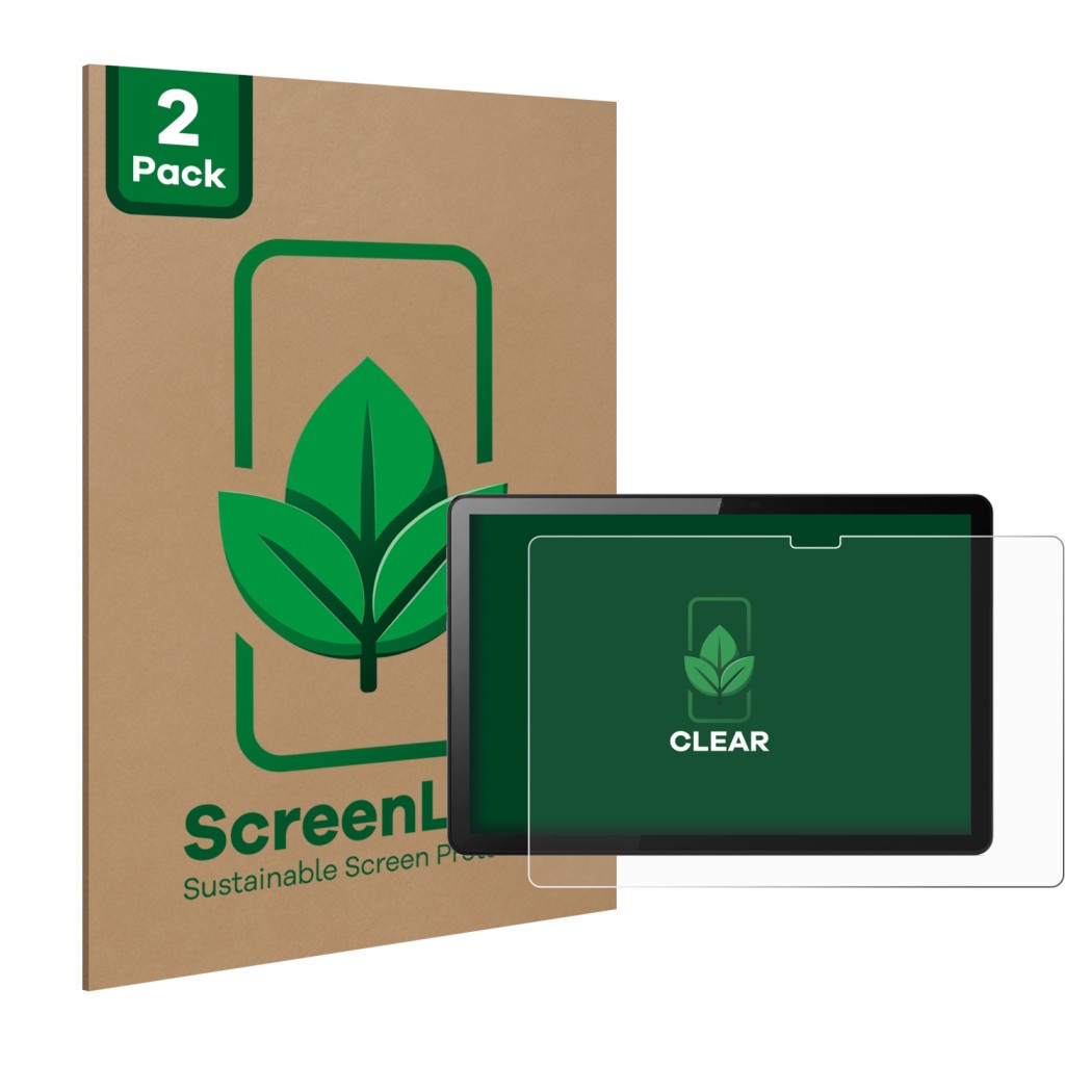 Parte frontal de un envase de producto con el logotipo de la marca ScreenLeaf. Al lado se muestra el dispositivo Lenovo Tab M1