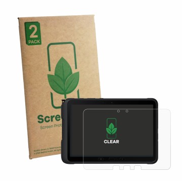Parte frontal de un envase de producto con el logotipo de la marca ScreenLeaf. Al lado se muestra el dispositivo Samsung Galax