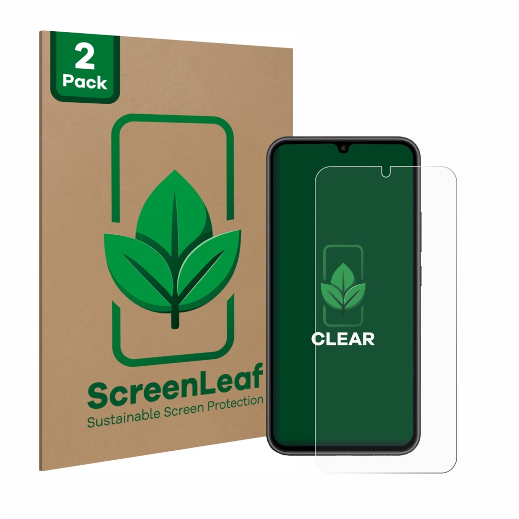 Vorderseite einer Produktverpackung mit dem Markenlogo ScreenLeaf. Daneben ist das Gerät Samsung Galaxy A34 5G mit dem zugehör