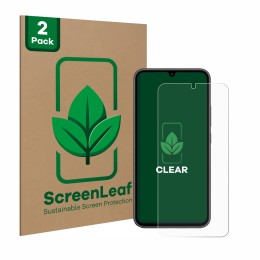 Vorderseite einer Produktverpackung mit dem Markenlogo ScreenLeaf. Daneben ist das Gerät Samsung Galaxy A34 5G mit dem zugehör