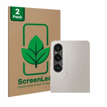 Front side of a product packaging with the brand logo ScreenLeaf. Next to it is the device Sony Xperia 1 V (ONLY Camera Lens) 