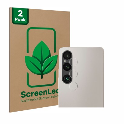 Front side of a product packaging with the brand logo ScreenLeaf. Next to it is the device Sony Xperia 1 V (ONLY Camera Lens) 