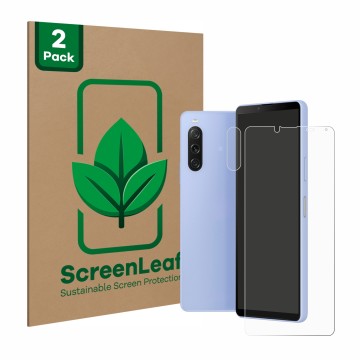 Face avant d’un emballage produit avec le logo de la marque ScreenLeaf. À côté, l’appareil Sony Xperia 10 V (Avant+Caméra) est