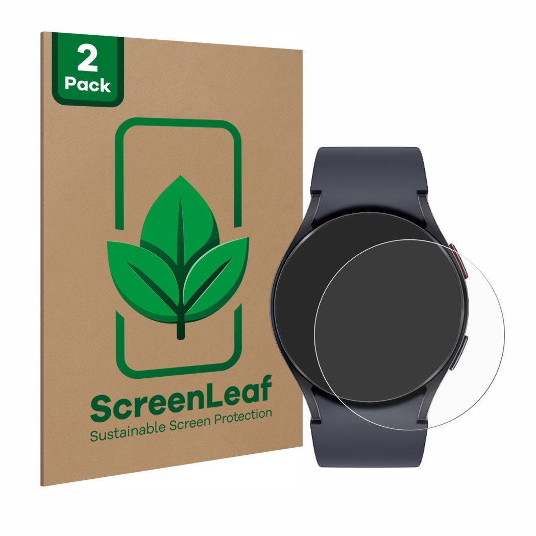 Front side of a product packaging with the brand logo ScreenLeaf. Next to it is the device Samsung Galaxy Watch 6 (44 mm) show