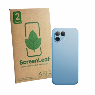 Face avant d’un emballage produit avec le logo de la marque ScreenLeaf. À côté, l’appareil Fairphone 5 (Caméra UNIQUEMENT) est