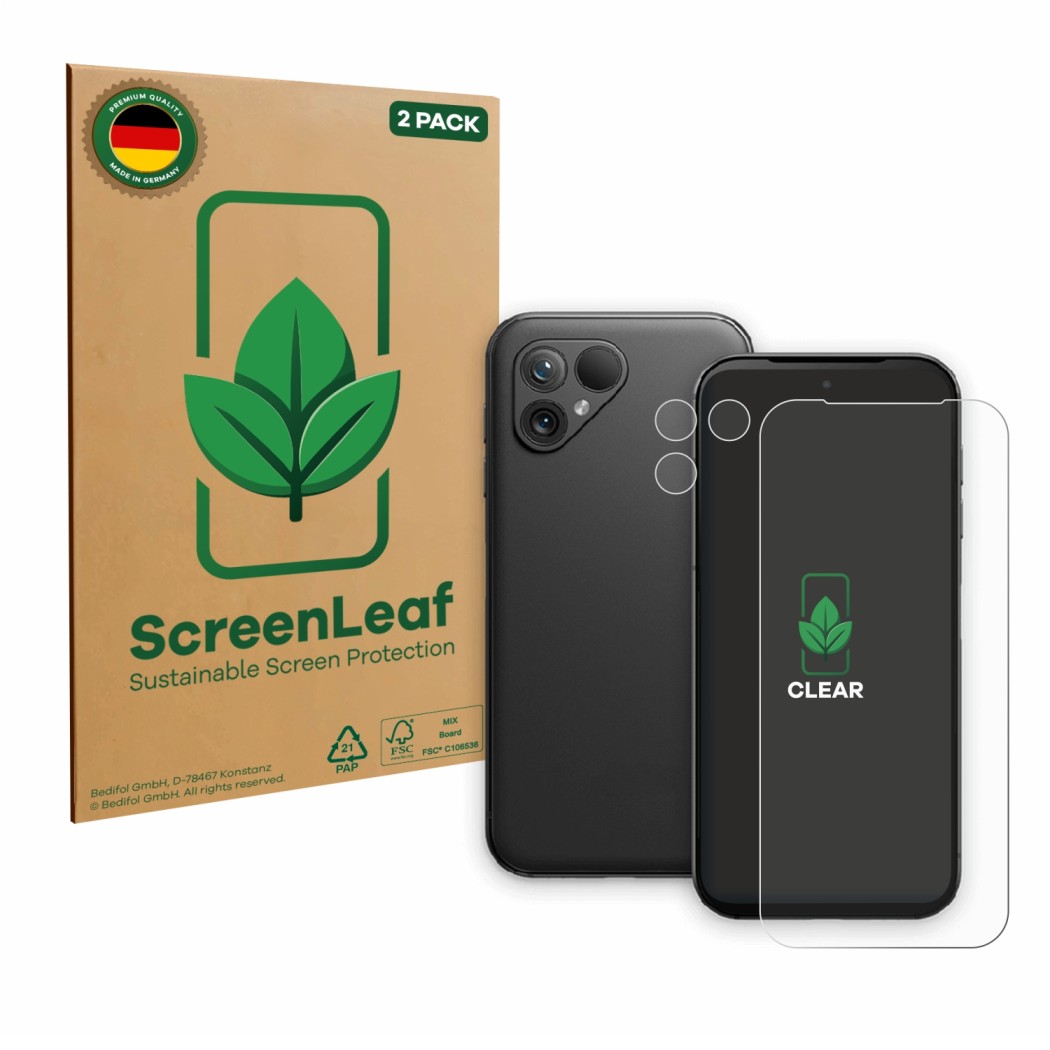 Vorderseite einer Produktverpackung mit dem Markenlogo ScreenLeaf. Daneben ist das Gerät Fairphone 5 (Display+Kamera) mit dem 