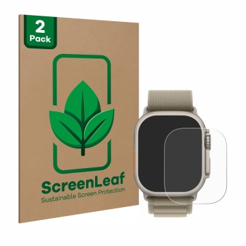 Vorderseite einer Produktverpackung mit dem Markenlogo ScreenLeaf. Daneben ist das Gerät Apple Watch Ultra 2 (49 mm) mit dem z