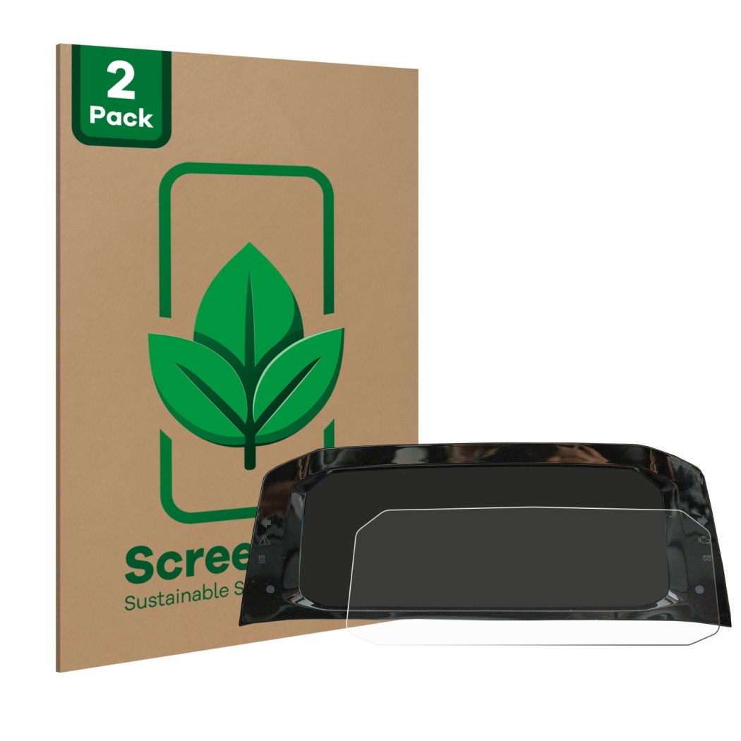 Front side of a product packaging with the brand logo ScreenLeaf. Next to it is the device Volkswagen Golf 8 Digital Cockpit 1