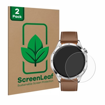 Vorderseite einer Produktverpackung mit dem Markenlogo ScreenLeaf. Daneben ist das Gerät Huawei Watch GT 4 (46mm) mit dem zuge