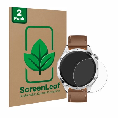 Vorderseite einer Produktverpackung mit dem Markenlogo ScreenLeaf. Daneben ist das Gerät Huawei Watch GT 4 (46mm) mit dem zuge